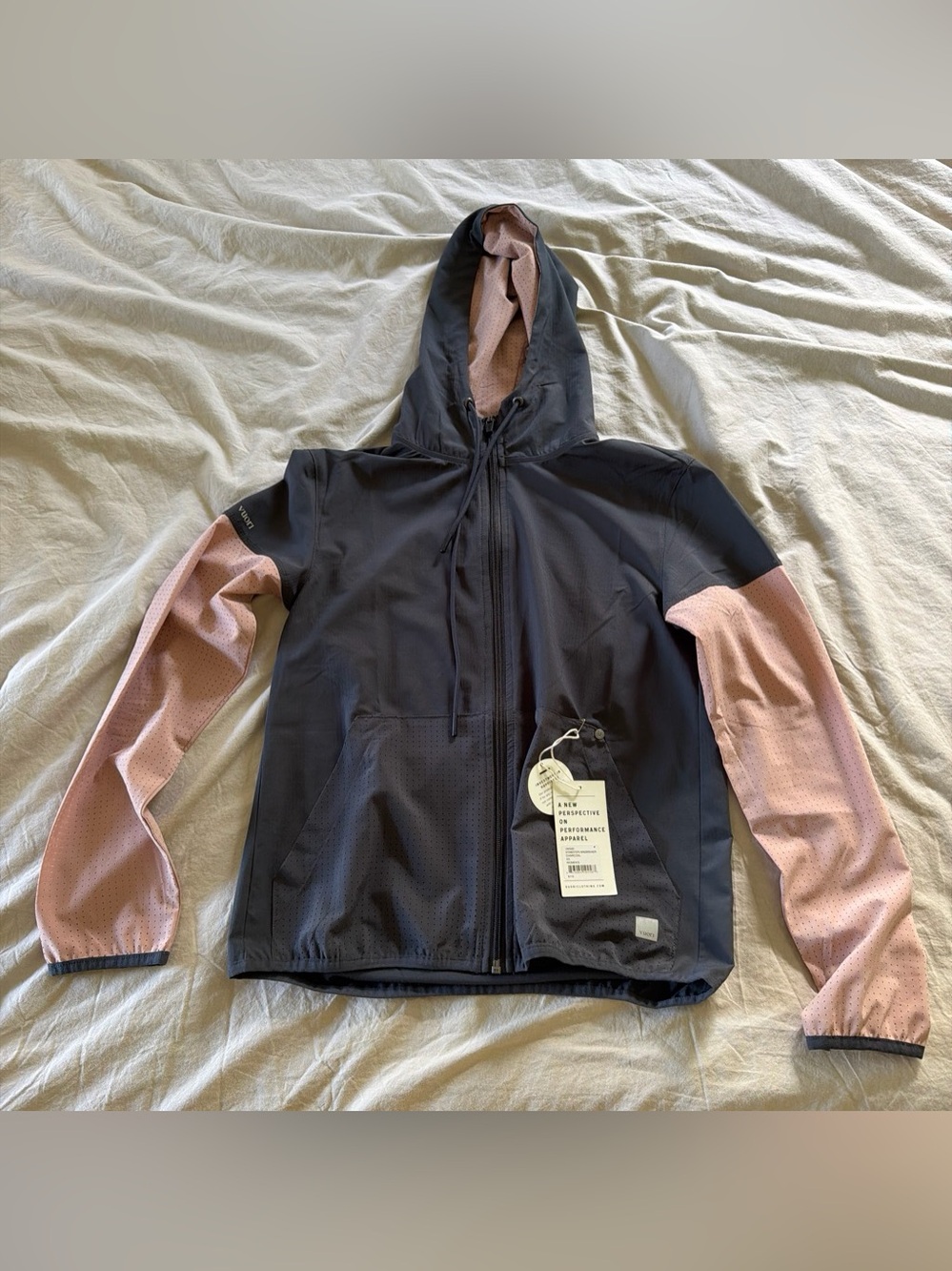 Vuori Kids Hooded Jacket in Charcoal and Pink